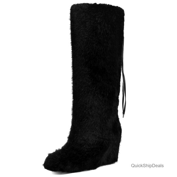 Shoes - Knee High Faux Fur Boots Wedge Heel Winter Warm Plush Suede Adjustable